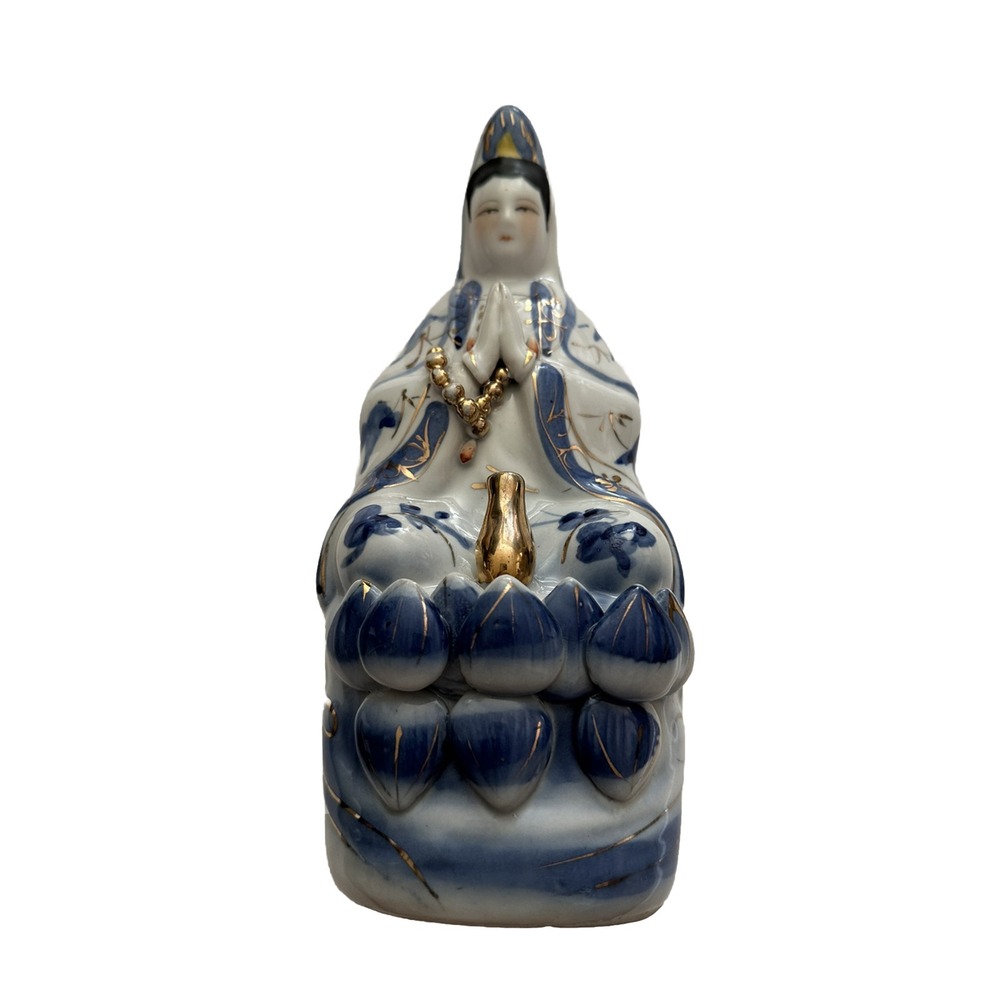 Kuan Yin Guanyin Buddhist‎ Goddess Deity Blue White Porcelain Ceramic Statue 10"